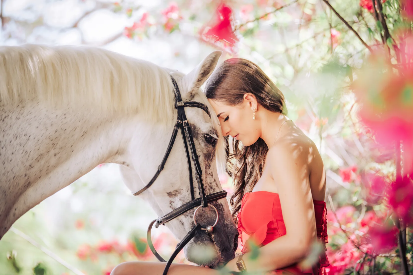 Woman in a red dress resting her forehead against her white horse in Grand Cayman